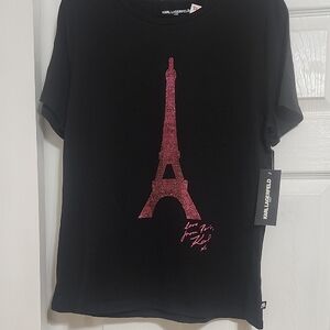 Karl Lagerfeld Black Tee with Pink Eiffel Sequined Tower Design